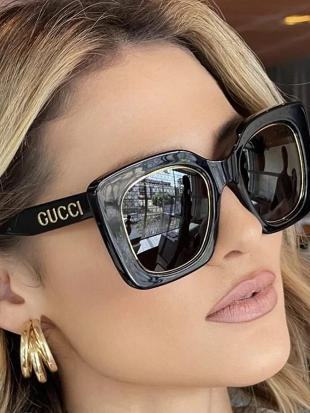 Gucci GG1151S 001 Sunglasses Black with Gold Butterfly Frame, Grey Lenses
